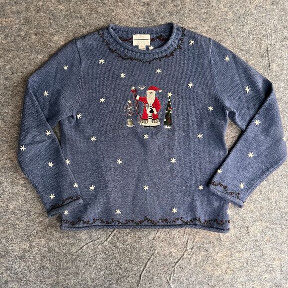 Christopher Banks Christmas‎ Sweater Women’s Small Hand Embroidered Santa Blue - Picture 1 of 7